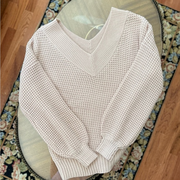 NWOT Blush/Dusty Pink Waffle-knit Double V-Neck Sweater. XS - Picture 4 of 13
